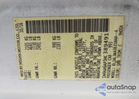 2017 Nissan Maxima 3.5 Sv из США, поврежденный, VIN 1N4AA6AP3HC389491